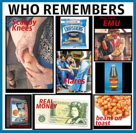 mock meme saying ‘who remembers...’ and pics of scabby knees, chipsticks, rod hull and emu, flared trousers, old lucozade bottle, cigarette machine, £1 note, beans on toast