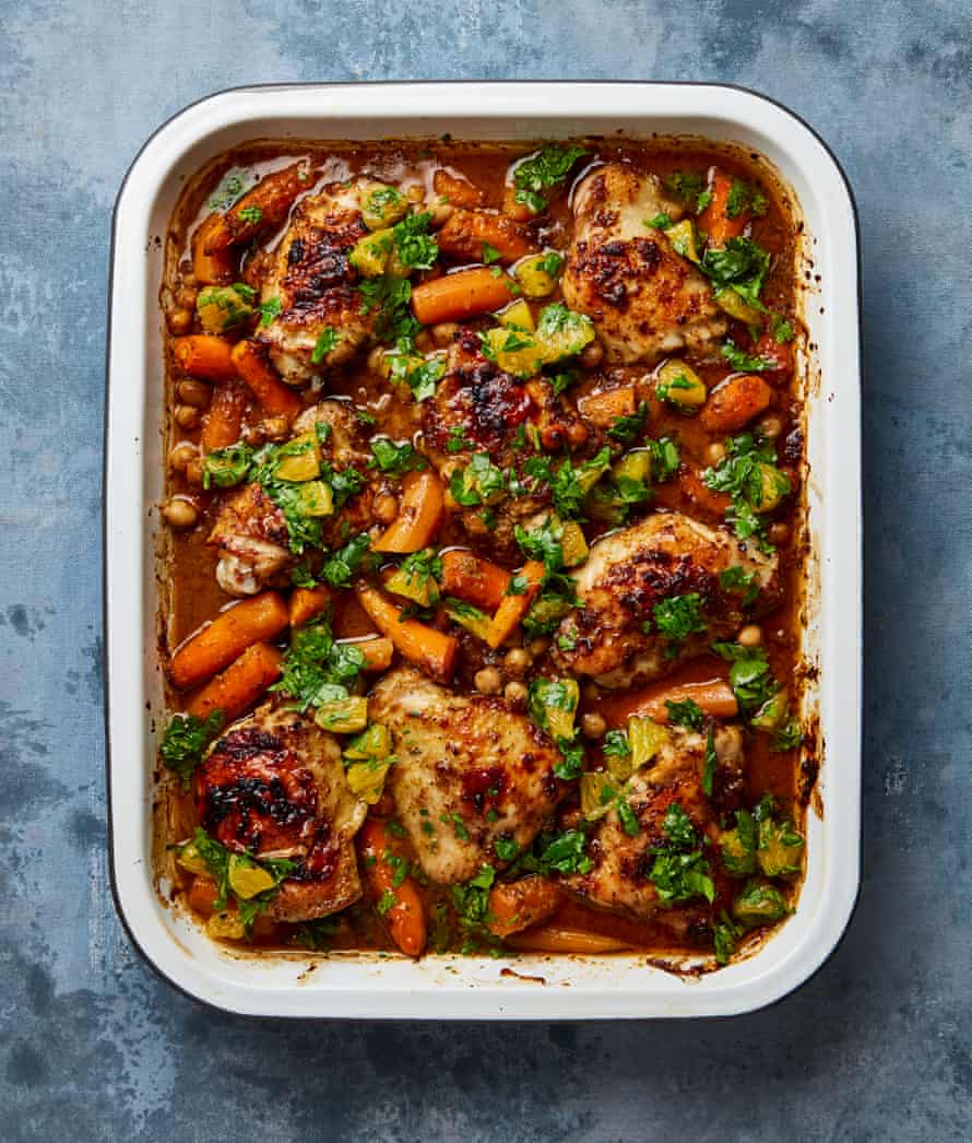 Yotam Ottolenghi’s berbere spiced chicken, carrots and chickpeas.