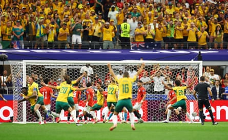 Australia’s Harry Souttar and Nestory Irankunda observe aft Egypt’s Mohamed Hany scored an ain goal.