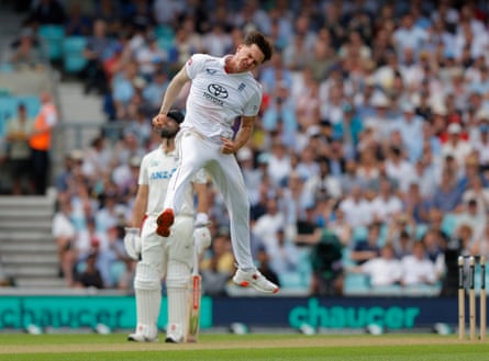 Sonny Baker leaps with joy after taking his first Test wicket, that of Ravindra caught by Jacob Bethell.