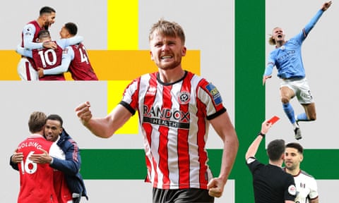 Aston Villa's Emi Buendía, Douglas Luiz and Aaron Ramsey, Tommy Doyle of Sheffield United, Erling Haaland, Mitrovic gets his marching orders and Arsenal's Rob Holding embraces Gabriel.