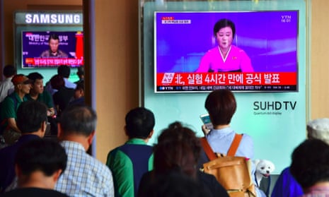 People watch a North Korean television news broadcast announcing the country’s latest nuclear test at a railway station in Seoul, 9 September 2016.