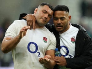 Ellis Genge with Manu Tuilagi after England’s defeat by France