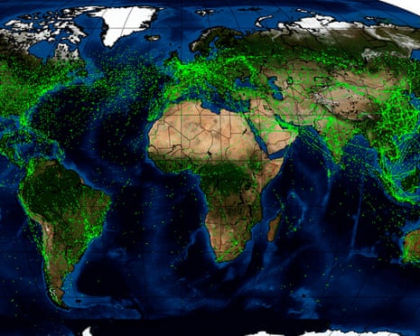 Signals broadcast by planes around the world, detected by satellite