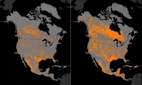 Map of North America - wildfires projected at +1.5C and +3C