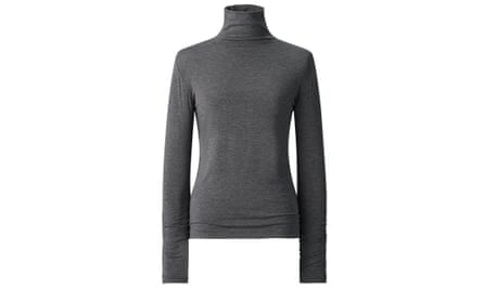 A dark grey high-neck, long-sleeved top