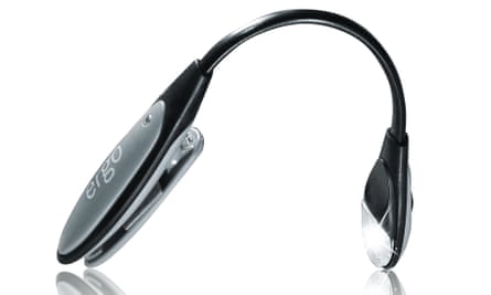 A grey and black clip-on book light
