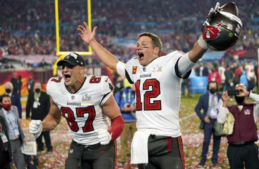 Tom Brady celebrates Tampa’s Super Bowl win with one of his favorite receivers, Rob Gronkowski