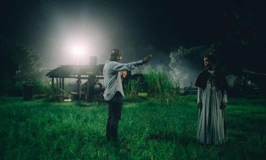 Barry Jenkins on the set of The Underground Railroad with Thuso Mbedu.