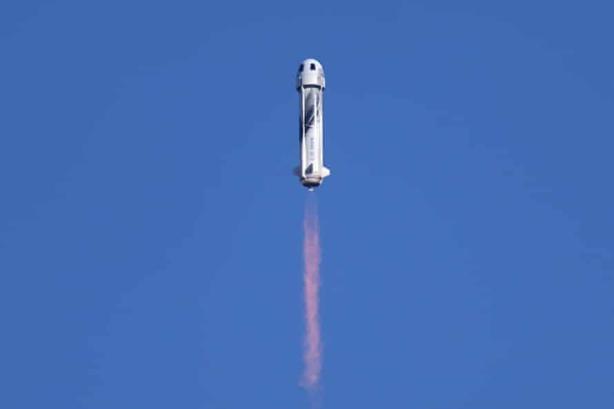 Blue Origin New Shepard rocket blasts off.