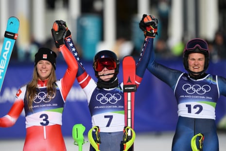 Mikaela Shiffrin (centre) celebrates her victory between Sweden’s Anna Swenn-Larsson (left) and Switzerland’s Camille Rast