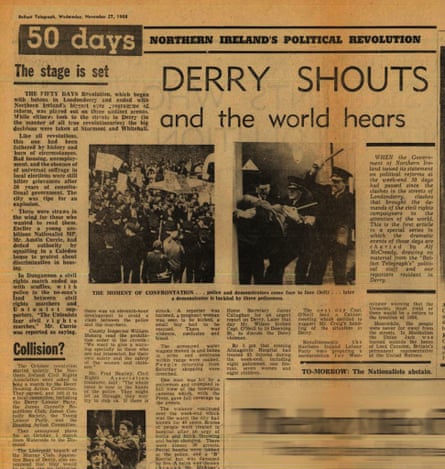 The Belfast Telegraph, from November 1968, reports on the violence spiralling out from the Derry march.