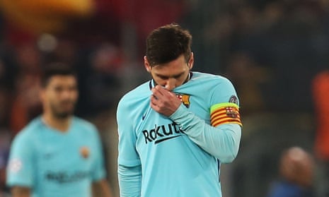A forlorn Lionel Messi after Roma had gone 3-0 up against Barcelona