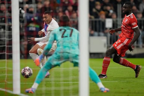 Bayern Munich v PSG: Champions League last 16, second leg – live | Champions League 2 PSG's Kylian Mbappe (left) shoots into the side netting.