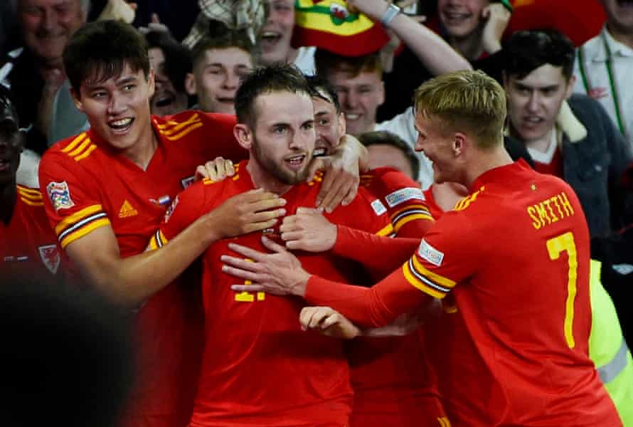 Rhys Norrington-Davies celebrates scoring Wales’s equaliser.