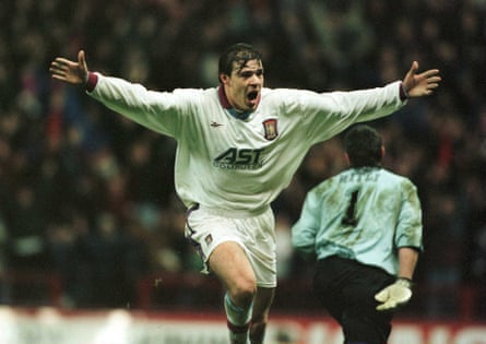 Savo Milosevic celebrates after scoring for Villa against Steaua Bucharest in the Uefa Cup.