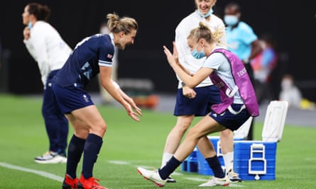 Substitute Leah Williamson celebrates with Ellen White after the striker scored against Chile.