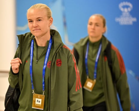 Pernille Harder arrives at the stadium ahead of the Women’s Champions League quarter-final match between Bayern Munich and Manchester United