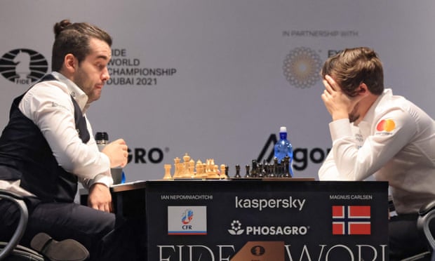 Carlsen and Nepomniachtchi draw chess world title opener after flag furore, World Chess Championship 2021
