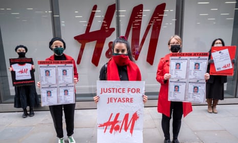 A protest outside an H&M store in London last year, with five women holding placards, one of which reads 'Justice for Jeyasre'.