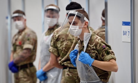 British soldiers in PPE help to administer rapid Covid-19 tests during a pilot for community testing in Liverpool