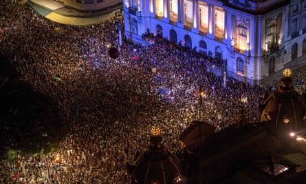 Protesters over Franco’s killing outside Rio’s municipal chamber on Thursday
