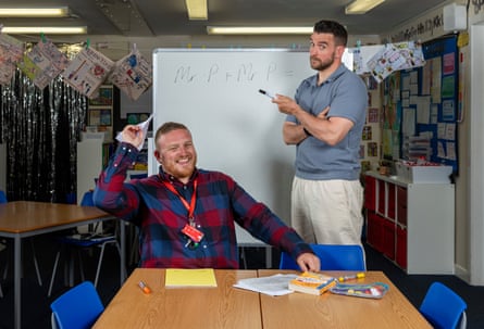 The brothers in front of a whiteboard reading Mr P + Mr P = ?