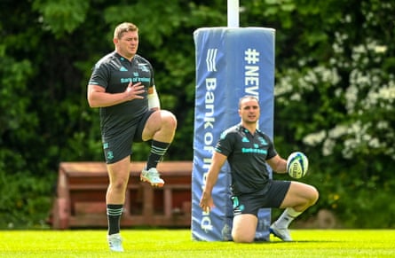 Tadhg Furlong and James Lowe during a Leinster training session in Dublin this week
