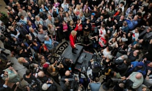 Elizabeth Warren addresses the overflow crowd at a Get Out the Caucus rally in Indianola, Iowa.