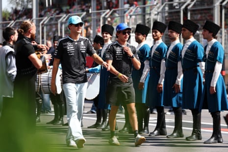 George Russell and Andrea Kimi Antonelli of Mercedes on the drivers parade before the Azerbaijan Grand Prix