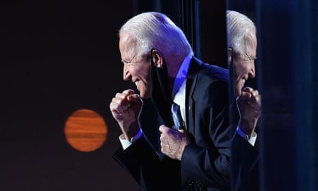 President-elect Joe Biden gestures to the crowd after he delivered remarks in Wilmington, Delaware.