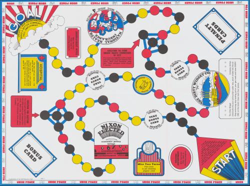 board game has string of colored circles and places to put cards. parts of board have messages such as: "Nixon elected - policy brings 6% unemployment" and "national health insurance - everyone move ahead four spaces"