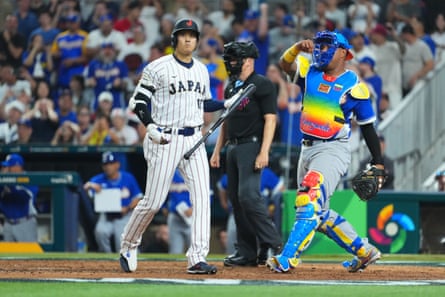 Japan’s Shohei Ohtani reacts after striking out in the seventh inning of Saturday’s quarter-final.