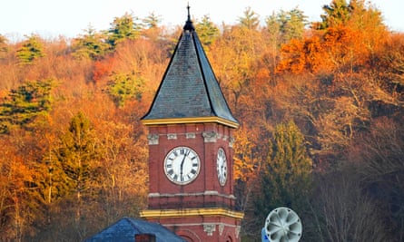 The broken clock on the Hinsdale Town Hall tower.
