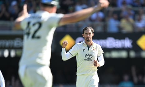 Mitchell Starc snares the key wicket of West Indies’ Tagenarine Chanderpaul on Day 1 at the Gabba.