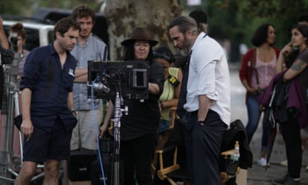 Lynne Ramsay on the set of You Were Never Really Here with Joaquin Phoenix.