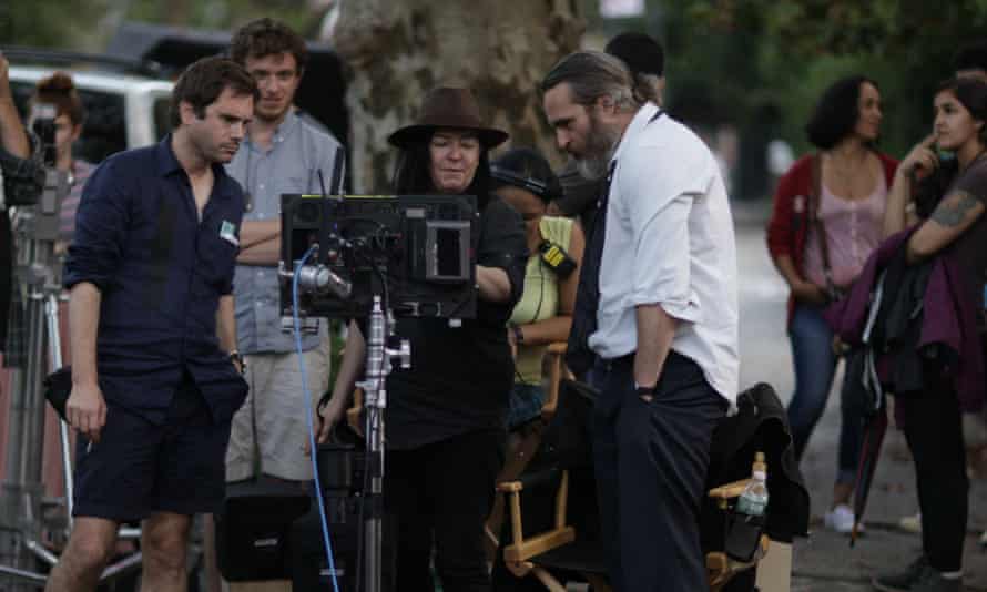Lynne Ramsay on the set of You Were Never Really Here with Joaquin Phoenix.