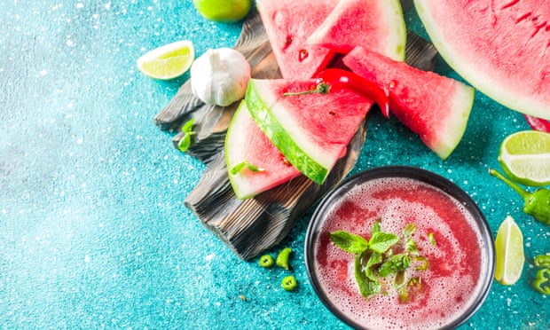 Watermelon turns this ice-cold soup into a beautiful bright pink creation.
