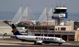 A Ryanair Boeing 737 plane taxis at Lisbon airport