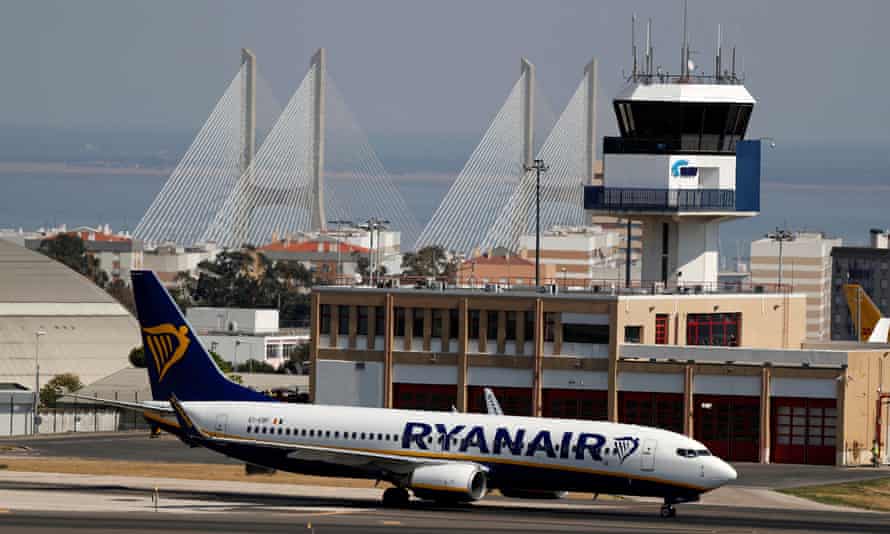 A Ryanair Boeing 737 plane taxis at Lisbon’s airport