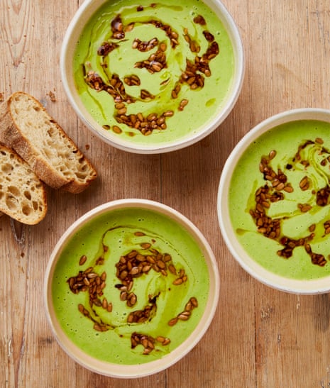 Yotam Ottolengh’s green pea and coconut soup with soy sunflower seeds.