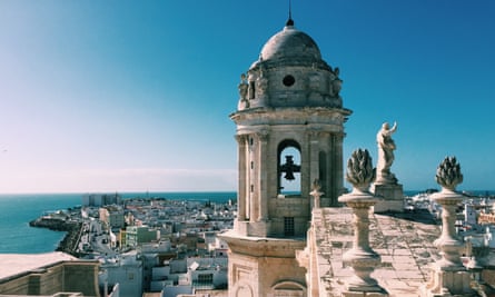 Aerial view of Cadiz and the tower of the Cathedral of Cadiz in Cadiz Andalusia, Spain in summer.