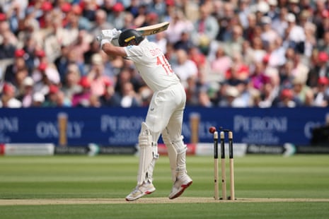 New Zealand’s Nathan Smith is bowled out by England’s Josh Tongue.