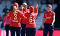 Sophie Ecclestone and her England teammates celebrate the wicket of Sidra Ameen.