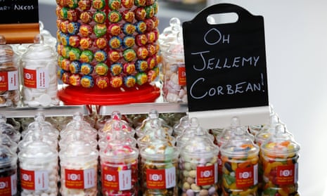 Sweets with names based on politically themed puns and word games are seen for sale at the Labour party’s conference in Liverpool.