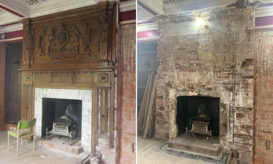 A picture of the fireplace in Seighford Hall before and after the overmantel was removed