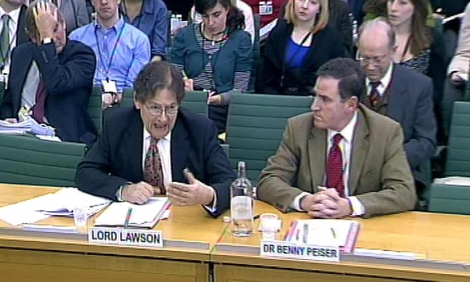 Lord Lawson (left) and Dr Benny Peiser, Director, Global Warming Policy Foundation appear before the Science and Technology Committee in Portcullis House, London. 