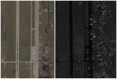 Composite picture of the Belaya airfield in Irkutsk before and after Operation Spiderweb. The before picture on the left was taken photographically while the one on the right was produced with synthetic aperture radar (SAR) which scans the ground