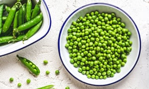 Raw organic green peas high angle view