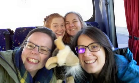 Ansel eat your heart out: Katie Forster (top right) and pals on board the coach.